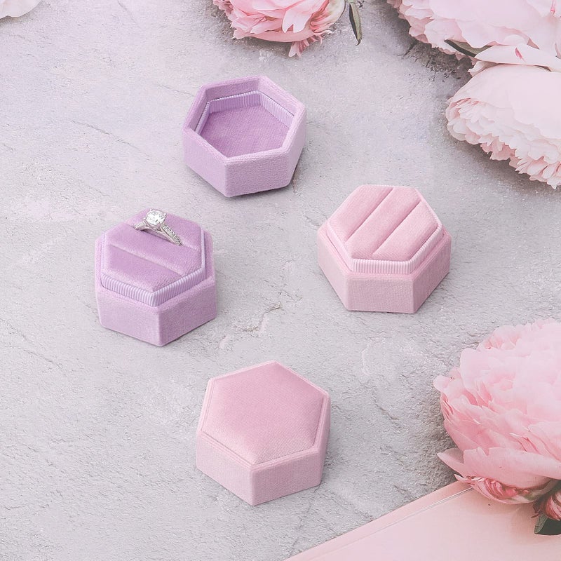 DesignSter Hexagon Velvet Ring Bearer Box - Premium Gorgeous Vintage Double Ring Display Holder with Detachable Lid for Proposal, Engagement, Wedding, Ceremony (Lilac) - Image 5